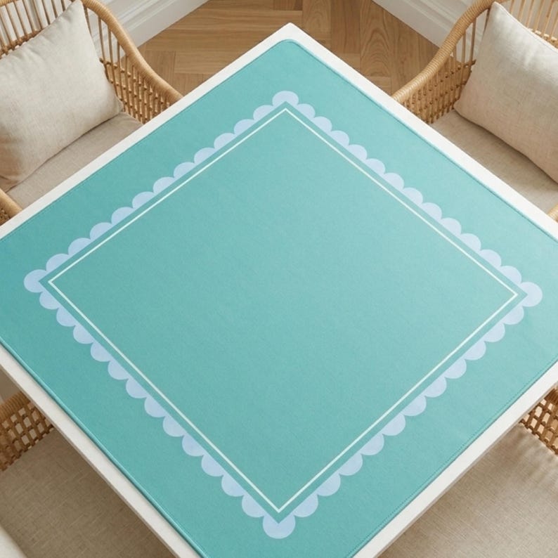 Neoprene Gaming Surface Premium Mahjong Table Mat Square Playmat Construction Waterproof Tile Protector Nonslip Backing Design Scallop Edge Stitched Details Turquoise Seafoam Pattern Perfect Playing Area Essential Game Night Accessory