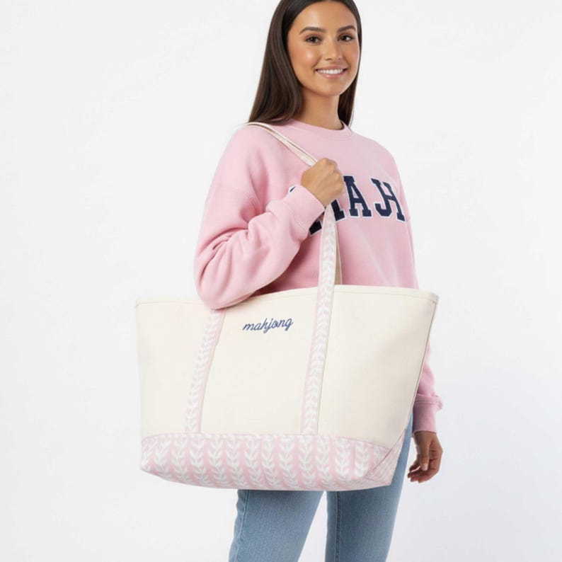 Game Tile Carrier Mahjong Tote Bag Matching Pouch Set Canvas Cotton Blend Block Print Design Embroidered Script Detail Top Zip Closure Front Pocket Feature Heavy Duty Construction Stylish Player Accessory Practical Organization Solution