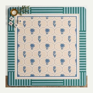 Game Table Protector Pad Mahjong Mat Floral Block Print Pattern Coastal Design Green Blue Neutral Colors Neoprene Surface Fabric Top Non Slip Backing Stitched Edges Playmat Tiles Enthusiast Gifts Ideas Player Accessories Beautiful Beige