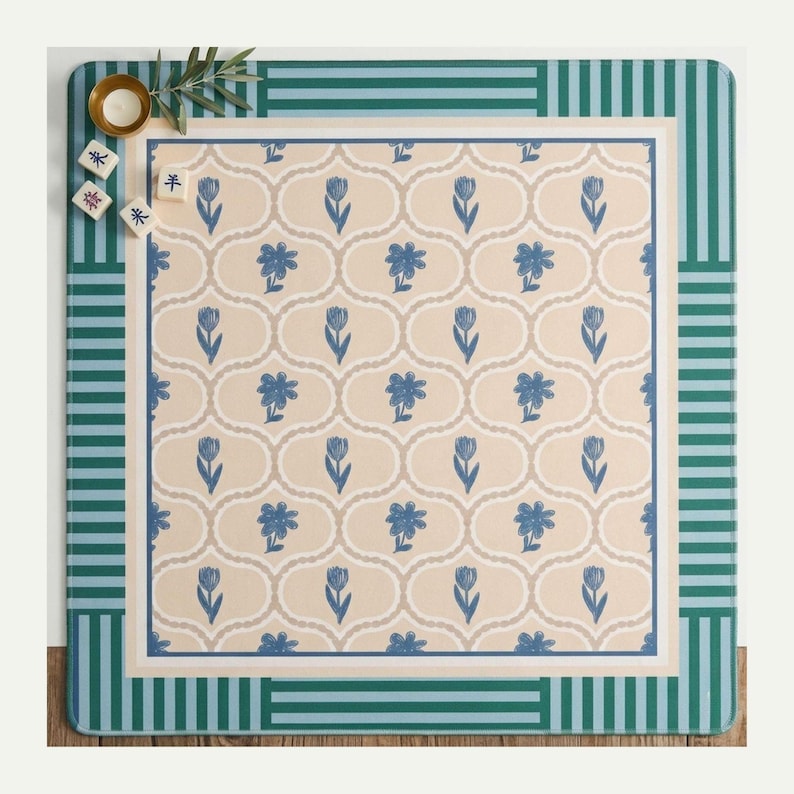 Game Table Protector Pad Mahjong Mat Floral Block Print Pattern Coastal Design Green Blue Neutral Colors Neoprene Surface Fabric Top Non Slip Backing Stitched Edges Playmat Tiles Enthusiast Gifts Ideas Player Accessories Beautiful Beige