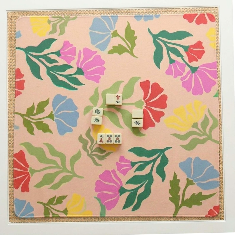 Pink Flowers Floral Mahjong Mat Neoprene Playing Surface Table Protector Gaming Pad Square Design Large Playing Area Non Slip Backing Stitched Edges Rounded Corners Fabric Top Layer Tile Game Accessories Perfect Gift Ideas Birthday Player