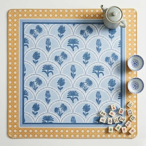 Neoprene Playmat Blue Design Floral Pattern Mahjong Mat Coastal Style Cane Border Gold Yellow Accent Custom Gift Set Tile Protection Game Table Mat Non Slip Backing Fabric Top Surface Stitched Edges Square Playmat Rounded Corners
