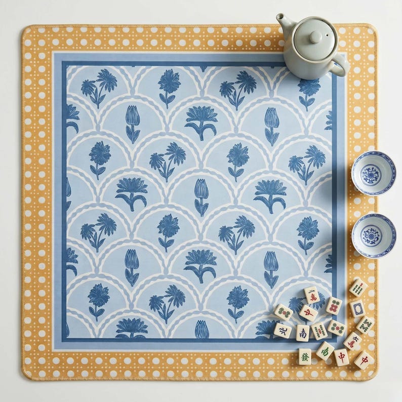 Neoprene Playmat Blue Design Floral Pattern Mahjong Mat Coastal Style Cane Border Gold Yellow Accent Custom Gift Set Tile Protection Game Table Mat Non Slip Backing Fabric Top Surface Stitched Edges Square Playmat Rounded Corners