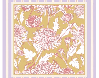 May include: A square scarf featuring a central mustard yellow panel with a repeating white line art pattern of chrysanthemum flowers and leaves, framed by a border of vertical light purple and white stripes with thin red accent lines.