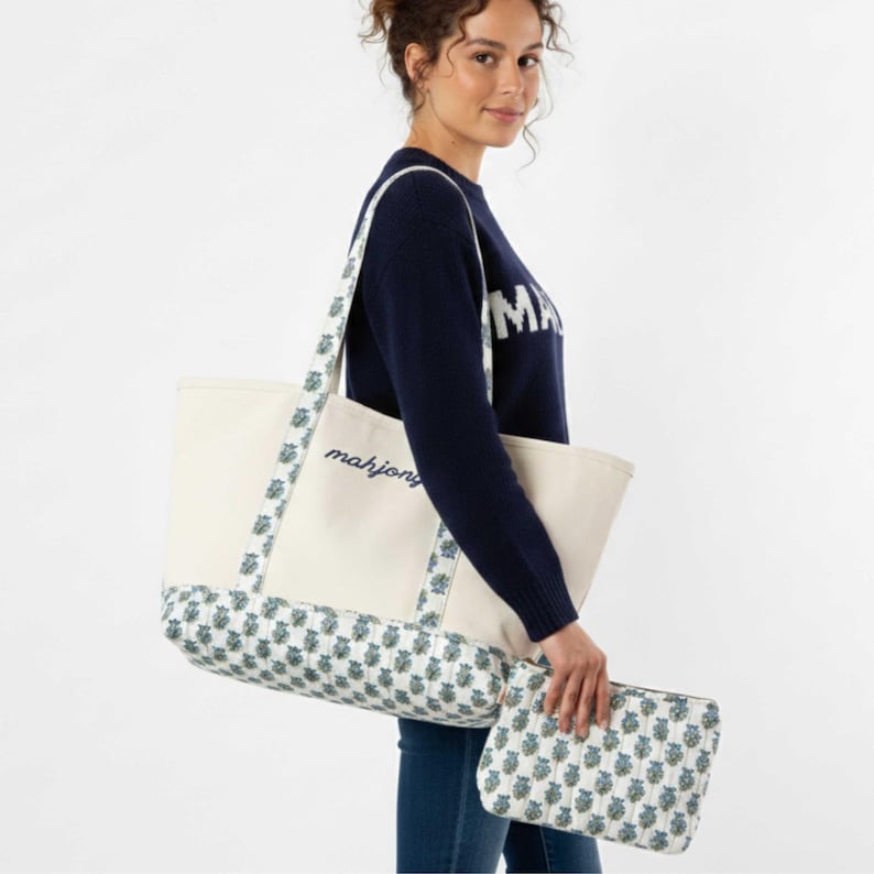 Block Print Mahjong Bag Canvas Tote Design Aqua Blue Pink Color Options Embroidered Script Detail Navy Olive Green Thread Choices Heavy Duty Eco Friendly Material Matching Zippered Pouch Set Game Tile Storage Solution Stylish Player