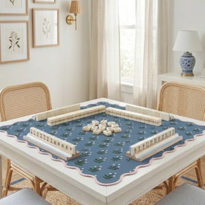 May include: A white square table with a blue floral patterned mat, set for a game of Mahjong. The table has a scalloped edge with pink trim. Rattan chairs surround the table, and framed botanical prints hang on the wall.