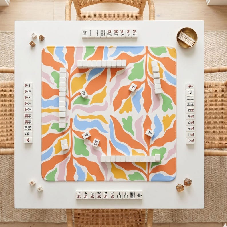 Floral Mahjong Mat Table Protector Game Room Summer Playmat Colorful Pastel Design Coral Blue Yellow Pink Neoprene Surface Non Slip Pad Square Gaming Accessory Player Gift Enthusiast Present USA Made Stitched Edges Rounded Corners