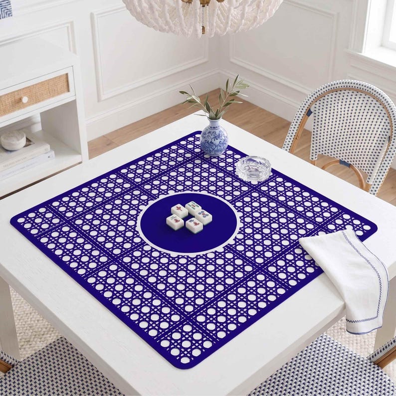 Square Mahjong Table Mat Green Gaming Surface Classic Cane Pattern Design Neoprene Material Smooth Surface Non Slip Backing Protection Tiles Professional Quality Tournament Supply Portable Travel Pad Canvas Carrying Bag Included Ships