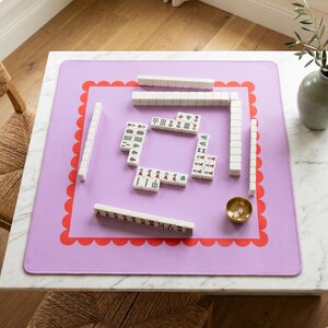 Neoprene Tabletop Cover Pink Lavender Mahjong Table Mat Gaming Cloth Waterproof Square Tile Protector Pad Nonslip Rubber Backed Liner Perfect Game Room Essential Gift Women Players Red Scalloped Border Frame Soft Fabric Surface Premium