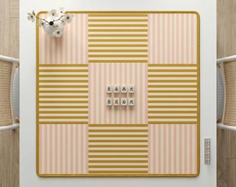 Tapete de mesa de Mahjong de neopreno con estampado de juego en rosa y amarillo. Set de regalo con accesorios. Tapete de juego cuadrado antideslizante para fichas de Mahjong.