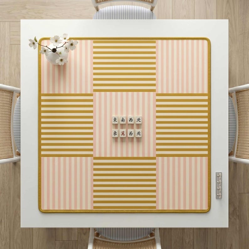 Mahjong Gift Set Premium Table Mat Neoprene Game Surface 33 Inch Square Playmat Nonslip Rubber Backing Pink Yellow Color Block Pattern Gold Border Trim Chinese Wind Direction Characters Soft Fabric Top Stitched Edges Game Room Essential