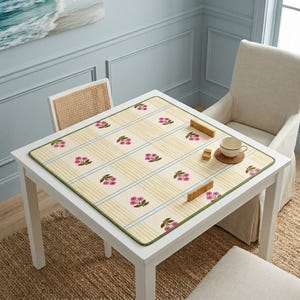 Game Surface Tile Protector Mahjong Table Mat Square Pad Neoprene Fabric Washable Nonslip Rubber Backing Yellow Stripes Blue Accents Floral Design Green Border Hand Painted Pattern Stitched Edges Player Enthusiast Gift Idea Room Accessory