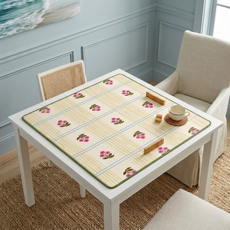 Game Surface Tile Protector Mahjong Table Mat Square Pad Neoprene Fabric Washable Nonslip Rubber Backing Yellow Stripes Blue Accents Floral Design Green Border Hand Painted Pattern Stitched Edges Player Enthusiast Gift Idea Room Accessory