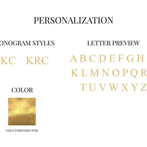 May include: Image showcasing personalization options. Includes monogram styles, a letter preview of the alphabet, and a gold embossed foil color swatch. Text reads "Personalization", "Monogram Styles", "Letter Preview", and "Color".