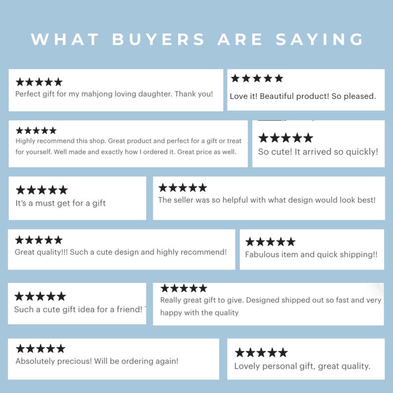 May include: A light blue graphic with the text "WHAT BUYERS ARE SAYING" at the top. Below are customer reviews with star ratings, praising the product's quality, design, and the seller's helpfulness. The reviews are in white boxes.