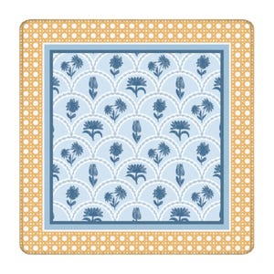 Coastal Mahjong Mat Neoprene Playmat Blue Floral Pattern Block Print Motif Cane Border Design Gold Yellow Accent Details Custom Gift Set Tile Protector Game Table Surface Non Slip Rubber Backing Stitched Edges Rounded Corners Square Playing