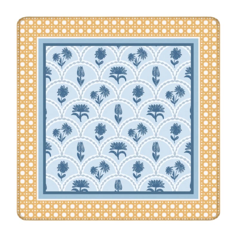 Coastal Mahjong Mat Neoprene Playmat Blue Floral Pattern Block Print Motif Cane Border Design Gold Yellow Accent Details Custom Gift Set Tile Protector Game Table Surface Non Slip Rubber Backing Stitched Edges Rounded Corners Square Playing
