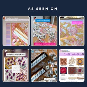 K&ouml;nnte beinhalten: Eine Collage aus sechs Social-Media-Beitr&auml;gen mit Mahjong-Matten mit Blumenmustern in Orange, Pink und Wei&szlig;, zusammen mit Mahjong-Steinen und Holzst&auml;ndern. Text&uuml;berlagerungen umfassen AS SEEN ON, My favorite mat und Curated Combinations.