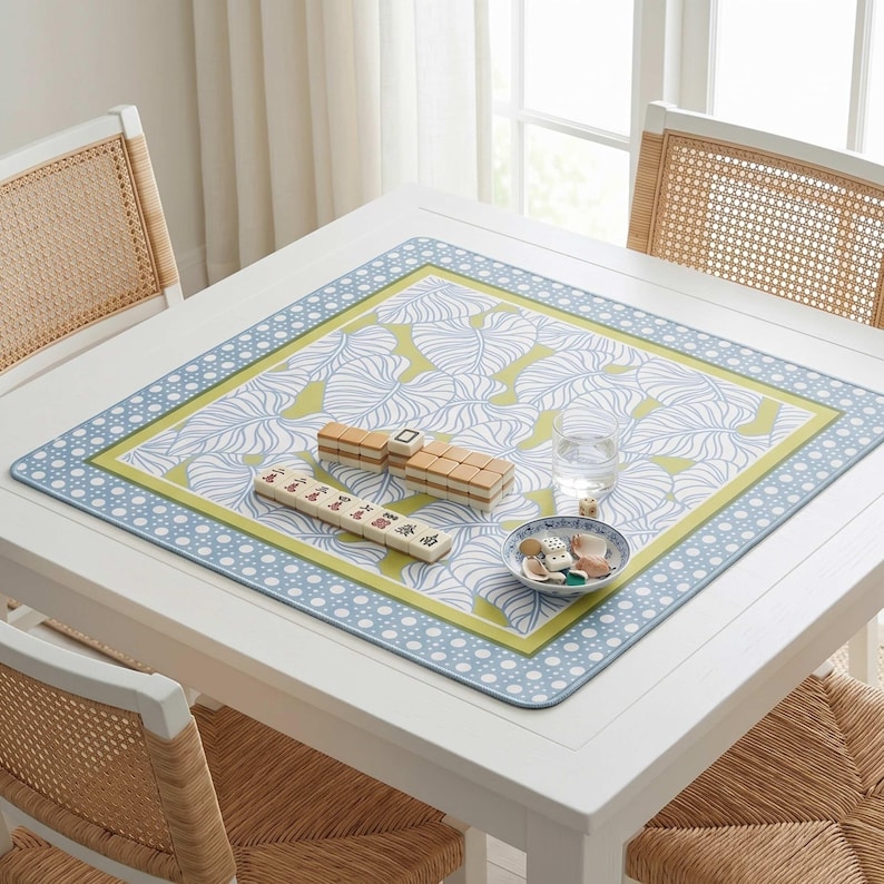 Square Mahjong Gaming Mat Neoprene Surface Non Slip Backing Coastal Botanical Design Light Blue Cane Pattern Rattan Border Print Perfect Game Table Protection Premium Quality Construction Stitched Edges Game Room Accessory Gift Gaming