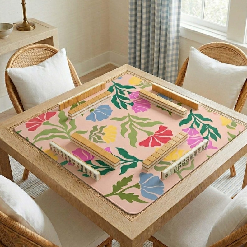 Mahjong Playing Mat Table Protector Surface Pink Floral Design Neoprene Game Pad Non Slip Backing Fabric Top Layer Stitched Edges Rounded Corners Square Gaming Surface Tile Playing Area Accessories Gift Ideas Player Birthday Present