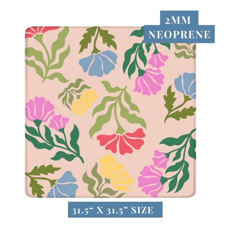 May include: A square mousepad with a floral pattern. The design features pink, red, yellow, and blue flowers with green leaves on a light pink background. The mousepad is 31.5" x 31.5" and made of 2mm neoprene.