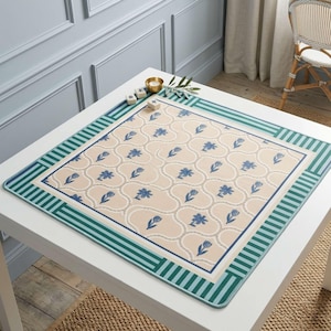 Playmat Tiles Mahjong Mat Green Blue Floral Pattern Coastal Design Game Table Protector Pad Enthusiast Gifts Ideas Neoprene Surface Non Slip Backing Stitched Edges Player Accessories Beautiful Block Print Neutral Colors Beige White Striped
