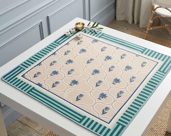 Tapete de Mahjong verde y azul con estampado floral en bloques, protector de mesa para fichas, superficie de neopreno antideslizante, ideal para regalar.
