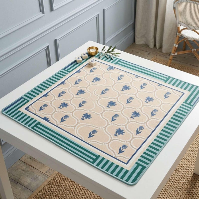 Playmat Tiles Mahjong Mat Green Blue Floral Pattern Coastal Design Game Table Protector Pad Enthusiast Gifts Ideas Neoprene Surface Non Slip Backing Stitched Edges Player Accessories Beautiful Block Print Neutral Colors Beige White Striped