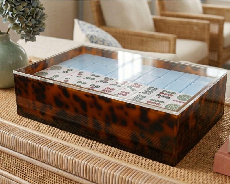 Mahjong Tile Storage Box Acrylic Case Clear Sliding Lid Container Game Organizer Tortoiseshell Pattern Display Holder Tabletop Keeper Tray Premium Quality Construction Perfect Organization Solution Professional Player Essential Custom Size