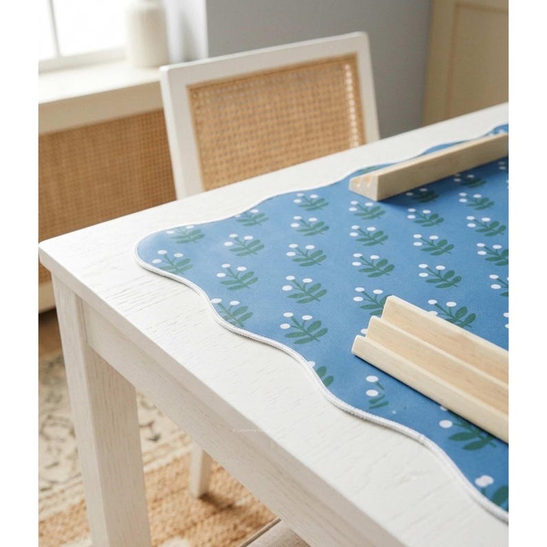 Neoprene Mahjong Game Pad Premium Table Mat Soft Pink Floral Pattern Blue Tile Playing Surface Scalloped Edge Border Portable Travel Case Canvas Bag Perfect Gift Enthusiast Quality Construction Beautiful Design Details