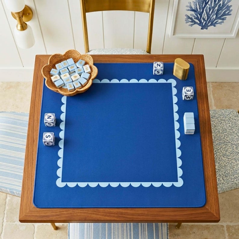 Blue Neoprene Playmat Mahjong Table Mat Premium Quality Game Surface Coastal Scallop Design Tile Protector Non-Slip Rubber Backing Stitched Edges Square Pad Gaming Essential Perfect Gift Enthusiast Accessories Collection Bright Pattern