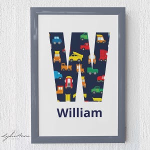 Impresión de nombre: arte de pared personalizado con camiones para niños, impresión de nombre personalizada, decoración imprimible para niños, descarga digital, regalos únicos para niños