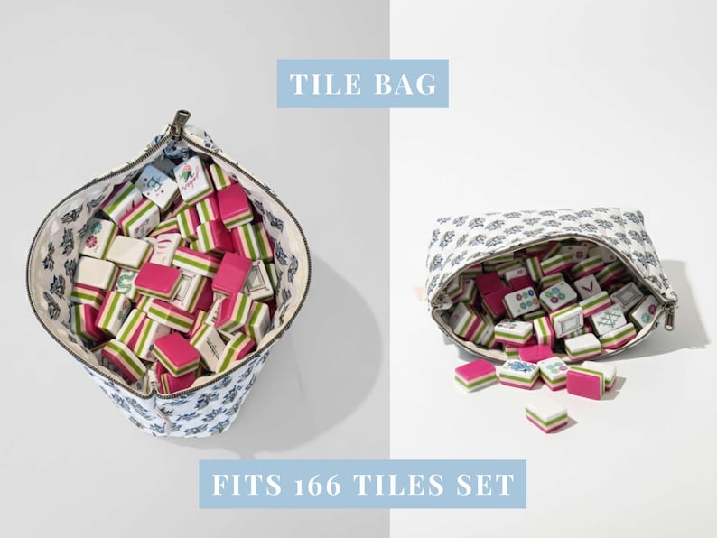 May include: A patterned tile bag, filled with colourful tiles. The tiles are pink, green, and white. The text "TILE BAG" and "FITS 166 TILES SET" are displayed in light blue.