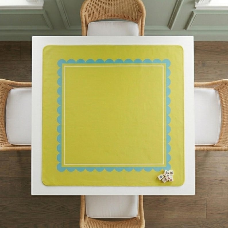 Waterproof Gaming Surface Mahjong Table Mat Nonslip Rubber Backing Chartreuse Yellow Turquoise Border Square Neoprene Protector Soft Fabric Layer Tile Protection Game Night Essential Stitched Edge Design Premium Construction Accessories