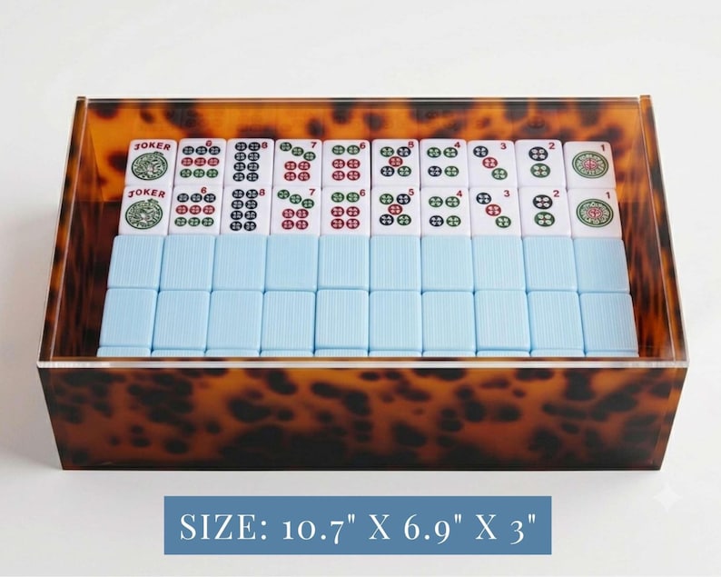 Clear Acrylic Case Mahjong Storage Box Sliding Lid Container Tortoiseshell Pattern Design Game Organizer Display Holder Tabletop Keeper System Premium Quality Construction Custom Size Storage Solution Perfect Gaming Organization Luxury