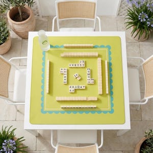 Neoprene Gaming Mat Mahjong Table Surface Waterproof Nonslip Rubber Base Chartreuse Yellow Turquoise Border Design Square Protective Liner Soft Fabric Layer Tile Protector Essential Game Night Accessory Stitched Edges Premium Construction