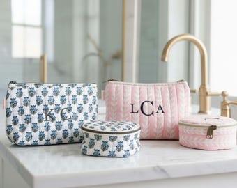 Bolsa de aseo con monograma, organizador de viaje, bolsa de algodón, regalo personalizado para dama de honor, estuche para cosméticos con estampado en bloque, diseño bordado personalizado