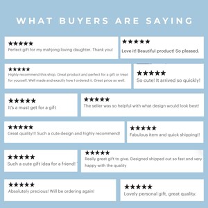 May include: A light blue graphic display titled WHAT BUYERS ARE SAYING, featuring twelve white rectangular boxes. Each box contains five black stars and customer review text, including phrases like Perfect gift, Love it, and Great quality.