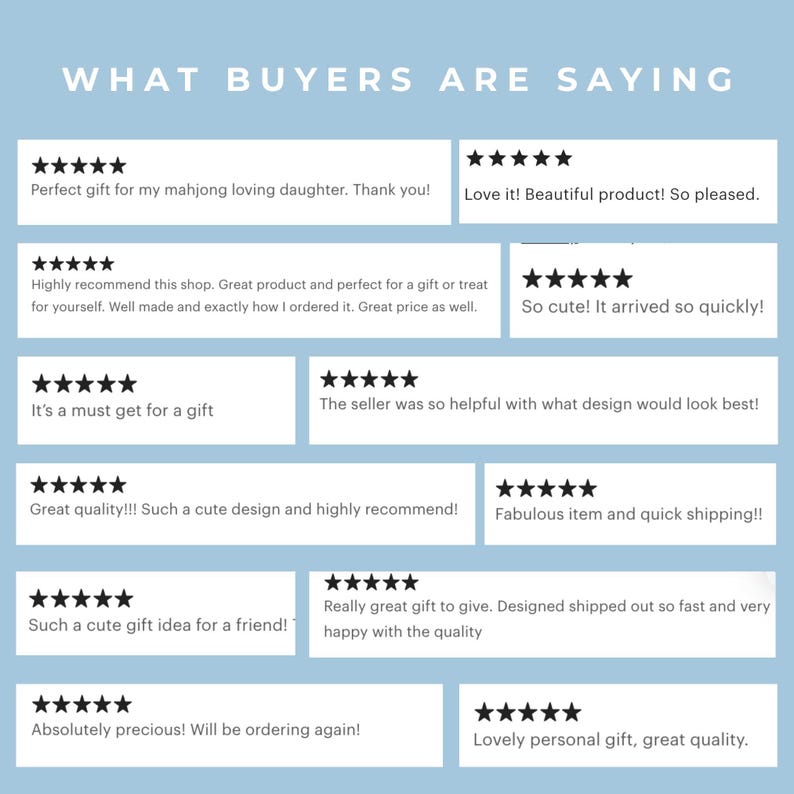 May include: A light blue graphic display titled WHAT BUYERS ARE SAYING, featuring twelve white rectangular boxes. Each box contains five black stars and customer review text, including phrases like Perfect gift, Love it, and Great quality.