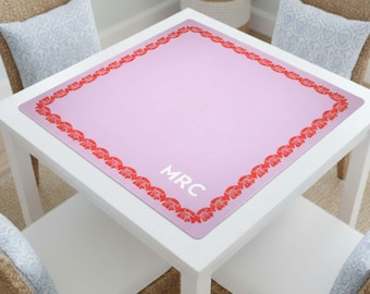 Gepersonaliseerde Mahjong-mat Speltafeltegel Spelen Mahjonghuis Ontwerp Bloemenrand Roze bloem Blauw Monogram Accessoire Aangepast