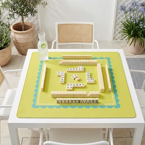 Square Gaming Mat Mahjong Table Protector Waterproof Nonslip Surface Chartreuse Yellow Turquoise Scallop Design Neoprene Construction Soft Top Layer Rubber Backing Tile Protection Essential Game Night Accessory Set Gift Premium Quality