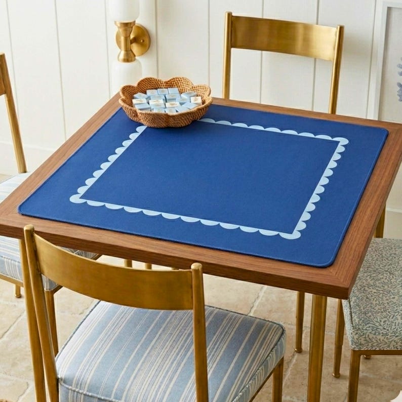 Coastal Scallop Pattern Mahjong Mat Blue Neoprene Game Surface Perfect Gift Game Enthusiast Square Playmat Tile Protector Accessories Collection Non-Slip Backing Stitched Edges Premium Quality Construction Mahjong Table Essential Bright