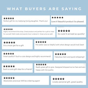 May include: A light blue graphic display titled WHAT BUYERS ARE SAYING, featuring twelve white rectangular blocks. Each block contains five black stars and customer reviews praising the quality, design, and gift suitability of the products.