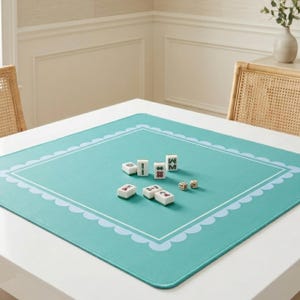 Turquoise Seafoam Gaming Mat Mahjong Table Surface Scallop Edge Design Neoprene Square Playmat Stitched Construction Details Waterproof Playing Area Nonslip Rubber Backing Tile Protector Essential Premium Quality Material Fabric Top Layer