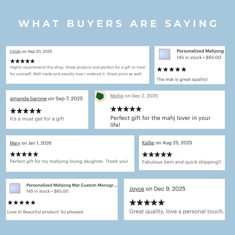 Puede incluir: Imagen de rese&ntilde;as de clientes para una esterilla de Mahjong personalizada. Las rese&ntilde;as se muestran sobre un fondo azul claro con el texto "WHAT BUYERS ARE SAYING" en la parte superior. Las rese&ntilde;as incluyen nombres de clientes, fechas y valoraciones por estrellas.
