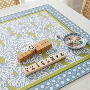 Botanical Print Gaming Surface Coastal Pattern Mahjong Mat Light Blue Rattan Design Cane Border Square Table Pad Premium Neoprene Material Non Slip Rubber Backing Perfect Game Room Essential Quality Construction Stitched Edges Gift Game