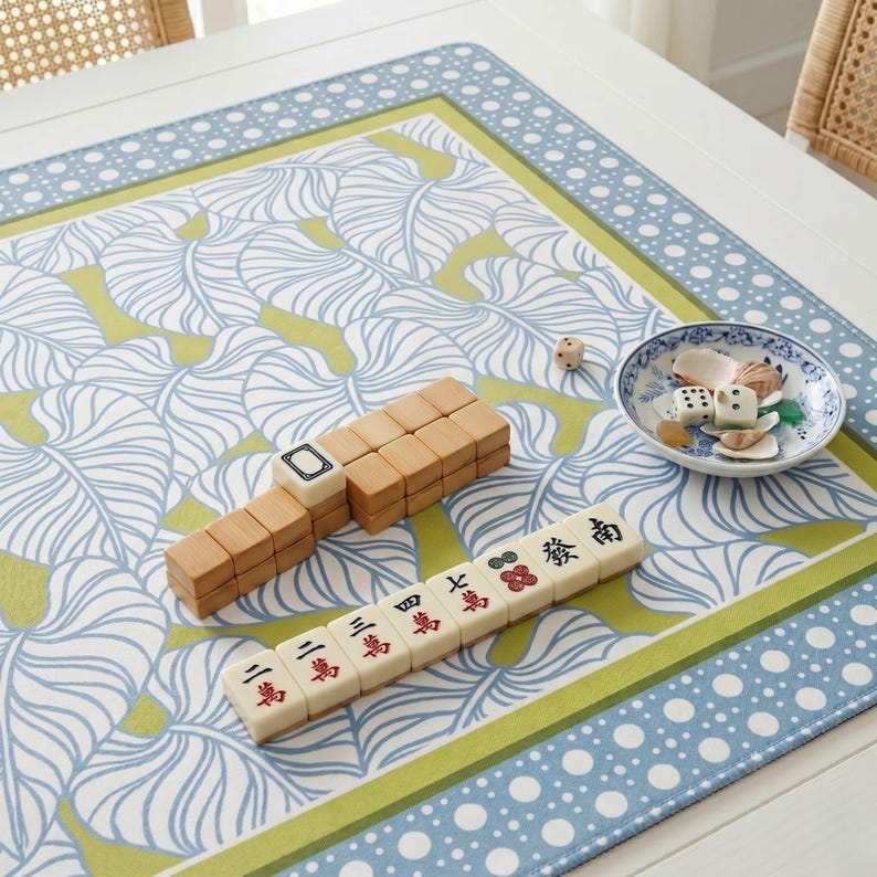 Botanical Print Gaming Surface Coastal Pattern Mahjong Mat Light Blue Rattan Design Cane Border Square Table Pad Premium Neoprene Material Non Slip Rubber Backing Perfect Game Room Essential Quality Construction Stitched Edges Gift Game