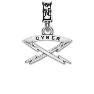 May include: A silver-colored charm with the word "CYBER" on a curved banner above two crossed lightning bolts. The charm has a decorative top with the letter "N" visible.