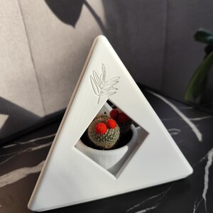 Könnte beinhalten: Ein weißer, dreieckiger Pflanztopf mit Blattmuster, in dem ein kleiner Kaktus mit roten Blüten steht. Der Kaktus befindet sich in einem weißen Topf, der in dem geometrischen Rahmen platziert ist. Der Pflanztopf steht auf einer schwarz-weiß marmorierten Oberfläche.