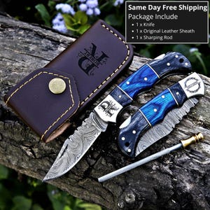 Handmade Damascus Pocket Knife Blue Wood Handle Birthday Gift Folding Knife Groomsmen Gift Anniversary Wedding Personalized Gift for Men